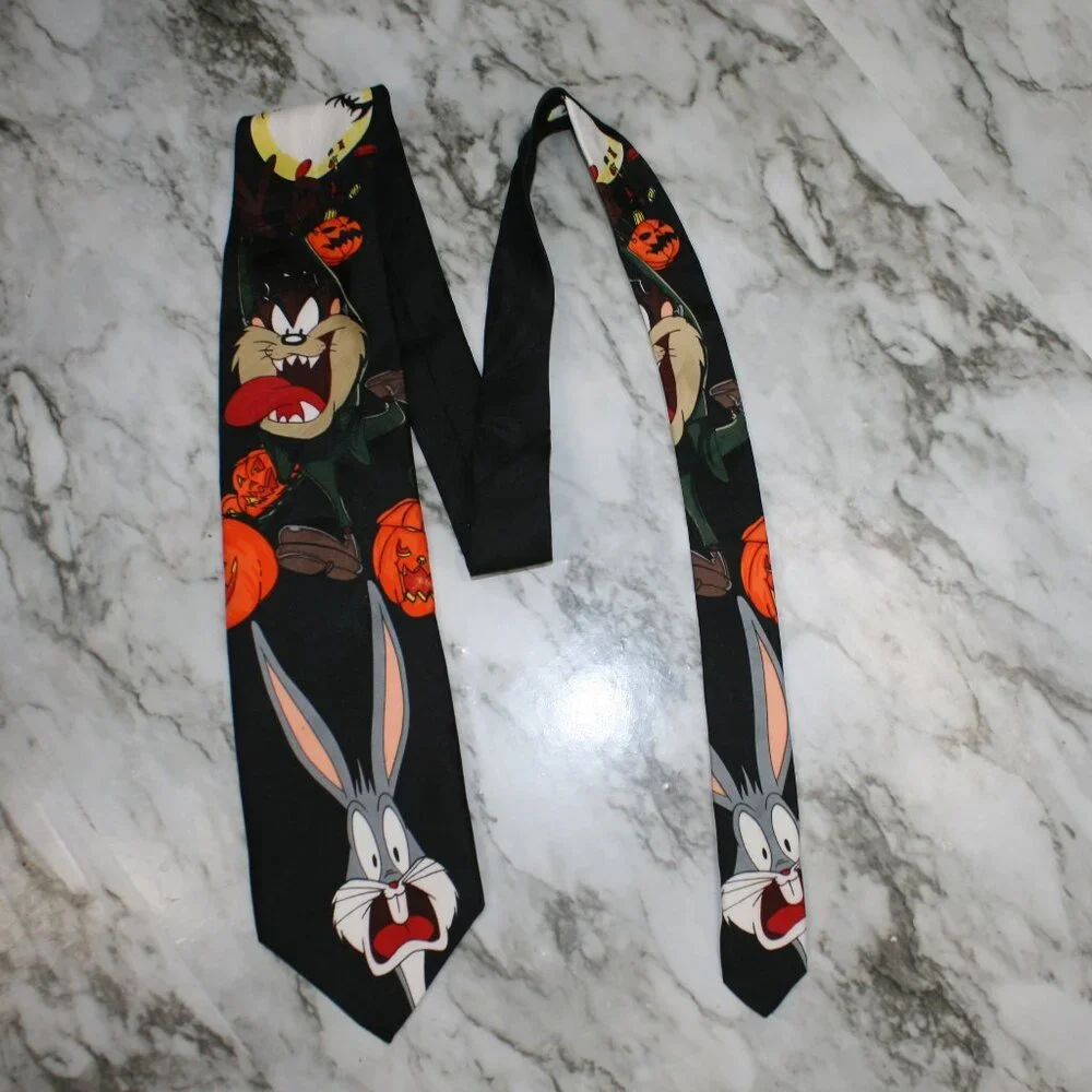 VINTAGE LOONEY TUNES MANIA Necktie Halloween Bugs Bunny Taz Pumpkins Neck Tie